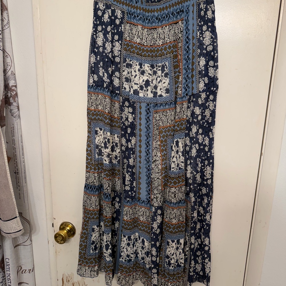 Floral Patchwork Maxi Skirt - Blue and Brown